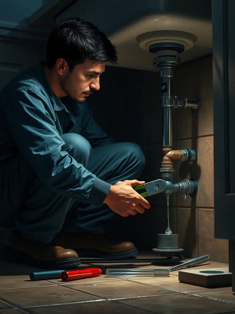 Ein professioneller Klempner, der eine defekte Wasserleitung unter einem Waschbecken repariert, mit Werkzeugen in der Hand und konzentriertem Blick.