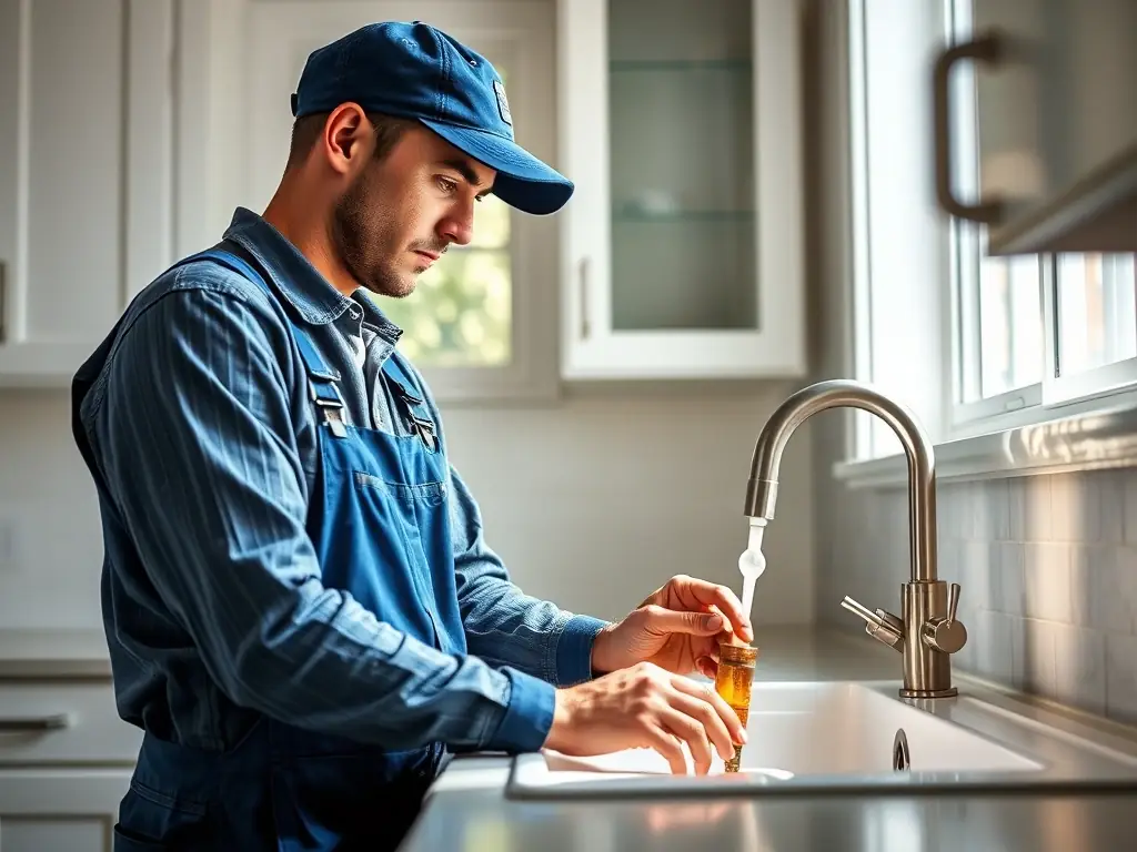 A plumber is shown repairing a burst pipe under a kitchen sink, with water spraying everywhere. The image emphasizes the urgency and mess of a typical plumbing emergency.