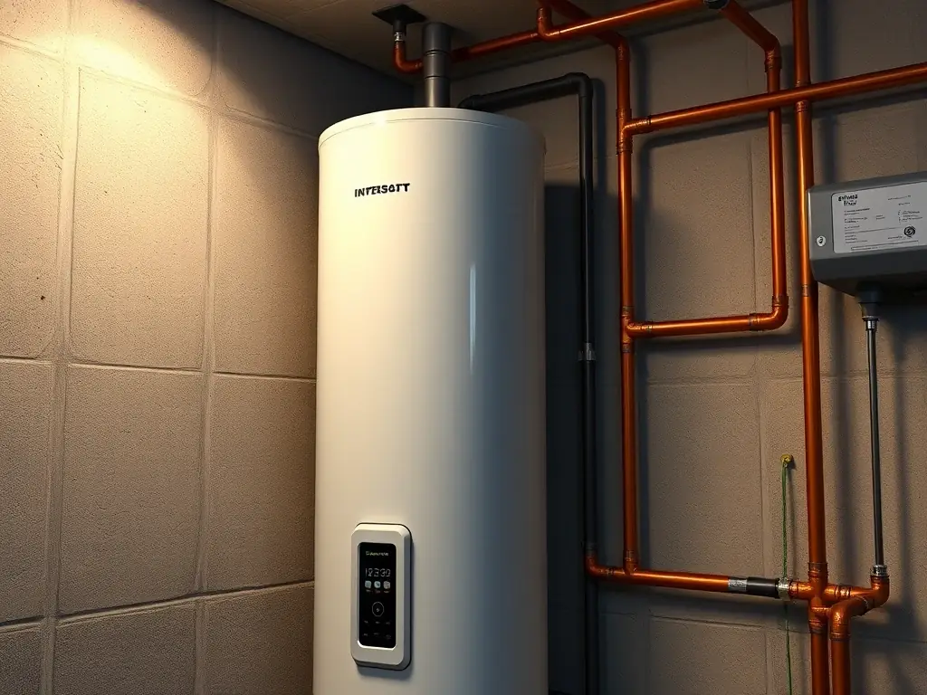 A newly installed water heater with shiny pipes and connections in a clean utility room. The water heater is modern and energy-efficient.