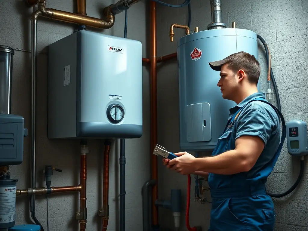 A plumber is shown performing routine maintenance on a water heater, checking connections and ensuring optimal performance. The image highlights the importance of preventative care.