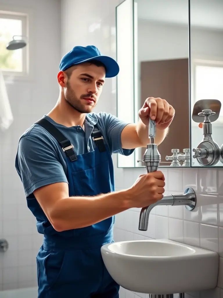 Ein Klempner, der einen tropfenden Wasserhahn in einem Badezimmer repariert, mit Werkzeugen und Ersatzteilen, um den Wasserverlust zu stoppen.