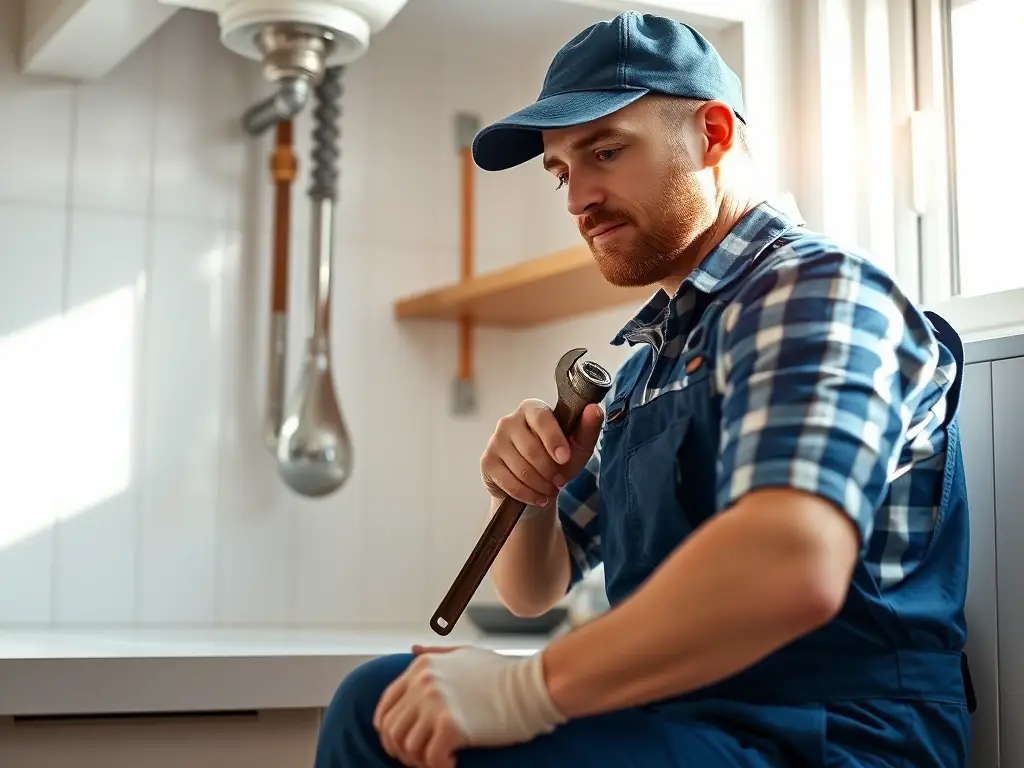 A plumber using a wrench to tighten a pipe under a kitchen sink, with water droplets visible, indicating a leak repair in progress. The setting is a modern kitchen.